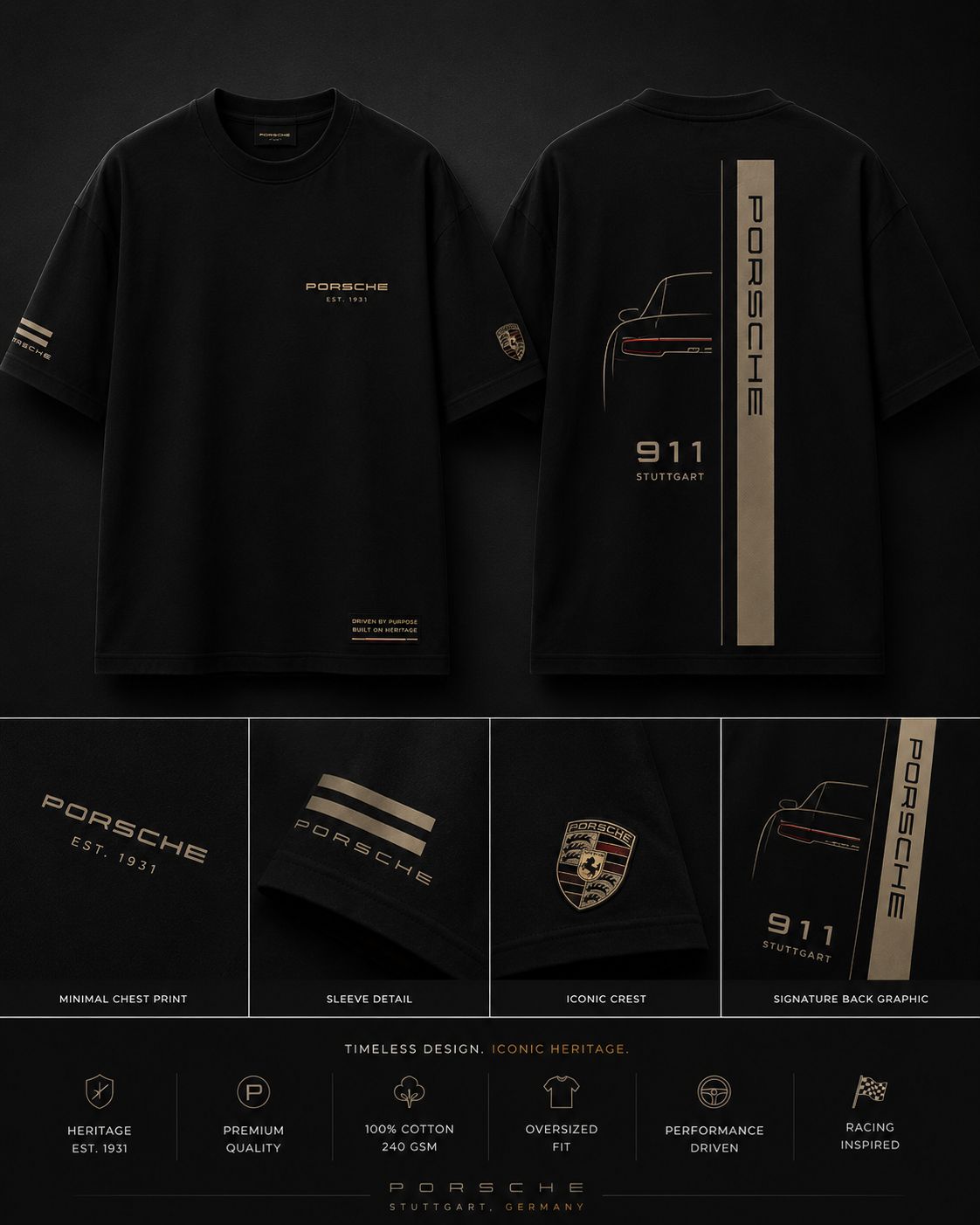 Porsche 911 Stuttgart Oversized Black T-Shirt | Premium Motorsport Streetwear