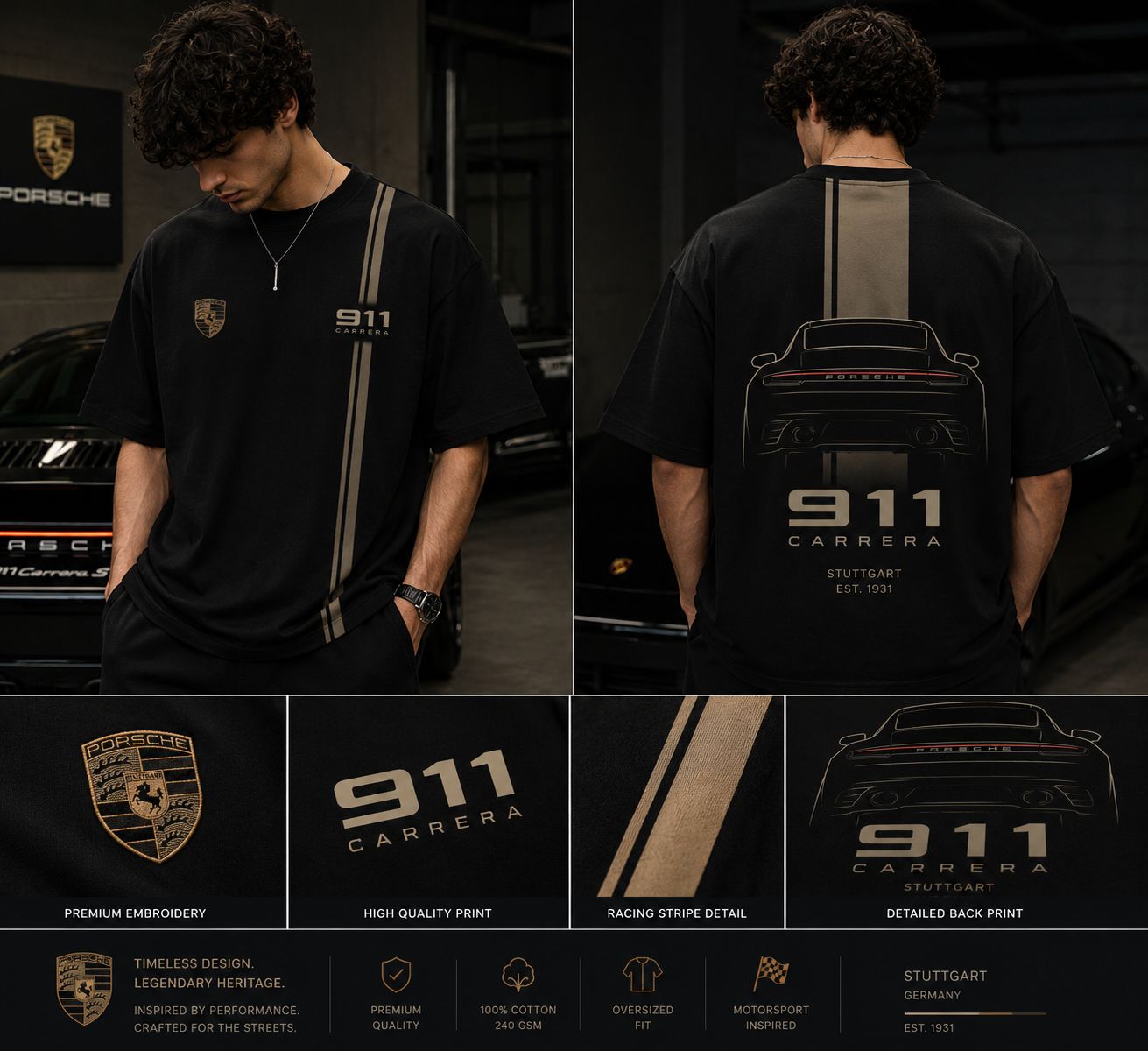 Porsche 911 Heritage Oversized Black T-Shirt | Premium Automotive Streetwear