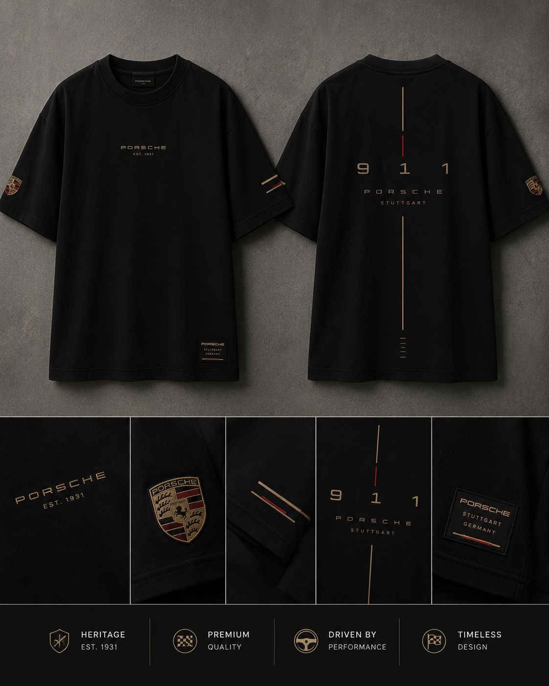 Porsche Heritage Oversized Black T-Shirt | Premium Heavyweight Cotton Streetwear